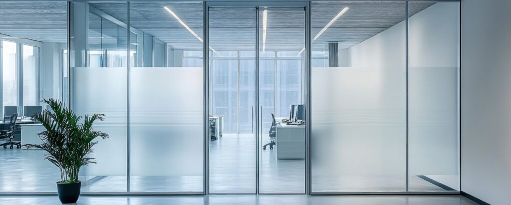 Modernes Büro, Glastrennwand, Pflanze, Ansicht des Arbeitsbereichs