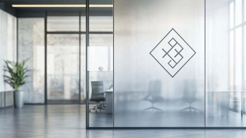 Sichtschutz für Büros: Trennwand aus Milchglas mit einem individuell gestaltbaren Logo in einem modernen Büro