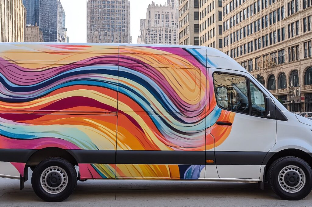Lieferwagen mit kreativer Fahrzeugbeklebung, die ein abstraktes und buntes Design zeigt.